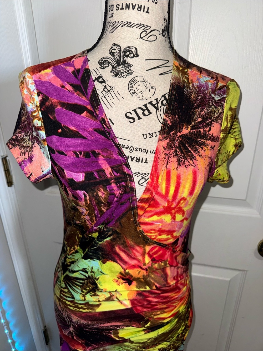 Joseph Ribkoff Tropical Floral Faux Wrap Midi Dress M Ruched Career Cocktail - Picture 6 of 14